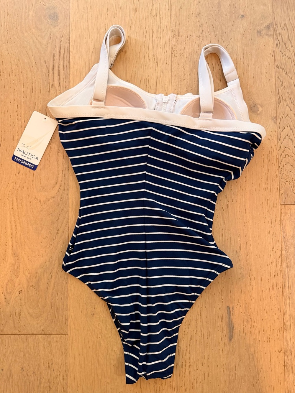 Nautica Navy and White Striped One-Piece Swimsuit with Front Zip - Picture 2 of 3
